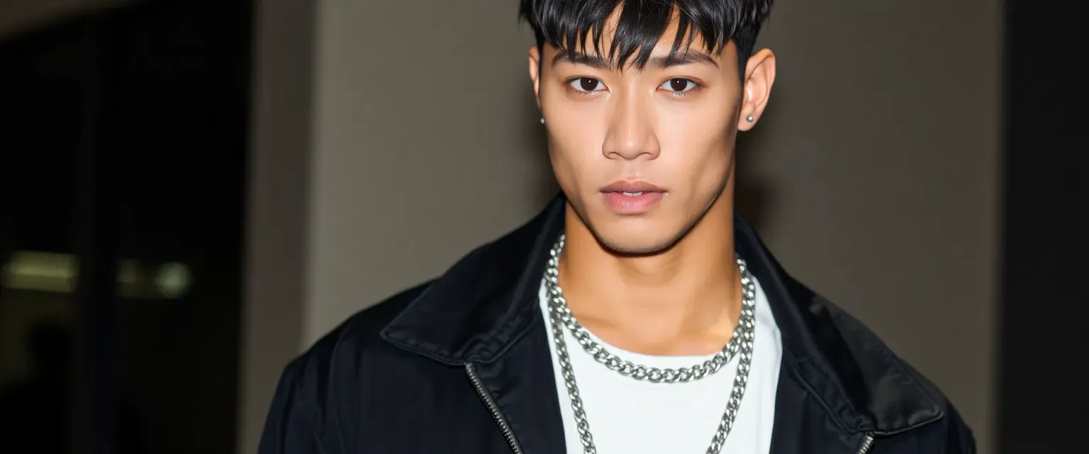 Handsome Asian-American R&B star, early 20s, athletic build, short black hair, striking onyx eyes, wearing designer streetwear with a signature silver chain necklace.