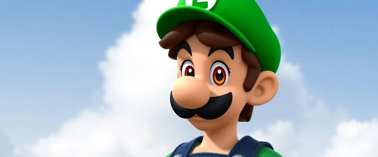 Luigi is tall and lanky with green overalls and cap; brown hair curls beneath it framing kind-hearted face marked by expressive eyes reflecting deep-seated courage.