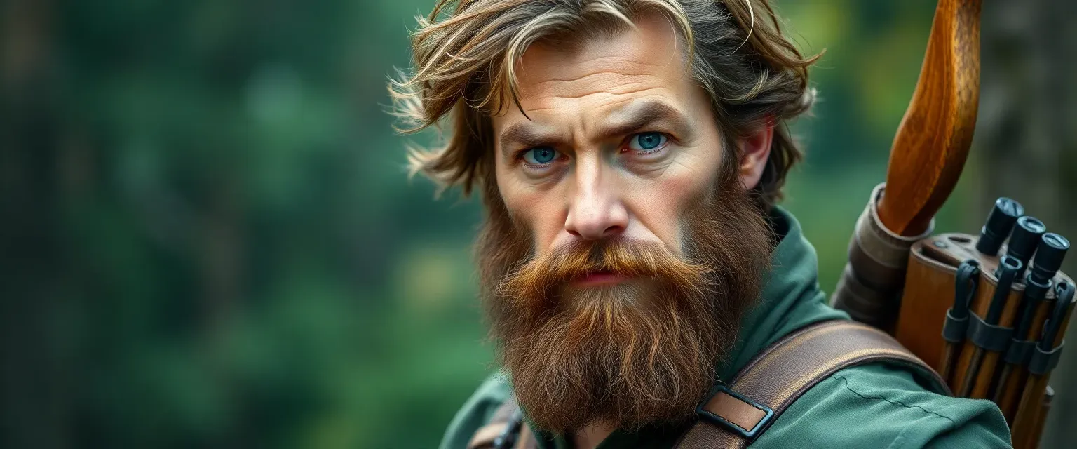 A rugged male forester in his mid-30s with weathered skin, thick brown beard, and forest-green attire. Carries wooden bow and leather quiver. Athletic build, standing 6'2".