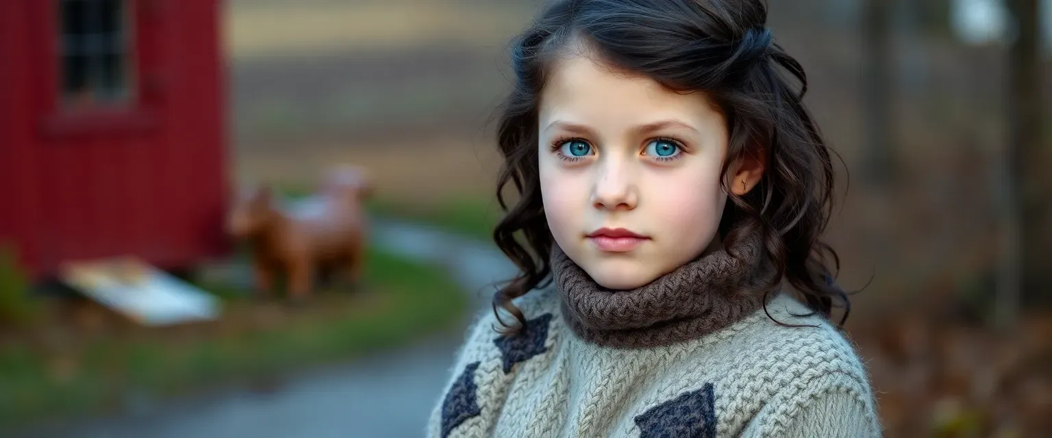 13-year-old girl with dark wavy hair, blue eyes, wearing a patched woolen dress and sturdy boots.