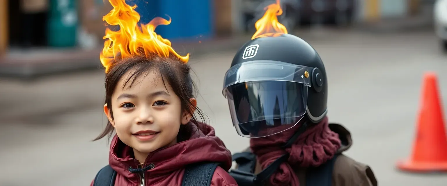 A spirited six-year-old Chinese girl with pyrocephalia causing flames atop her head; wears practical clothing avoiding skirts due to sensory issues; accompanied by 'Helmy,' a protective helmet filtering smoke.