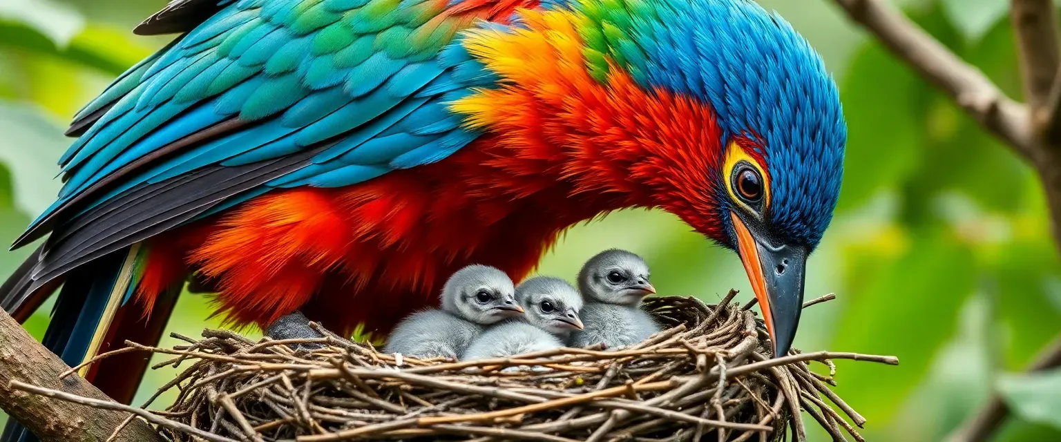 A majestic mother bird with iridescent blue-green feathers, vibrant orange-red plumage, and protective wings sheltering three tiny grey chicks in a forest nest during rainfall.