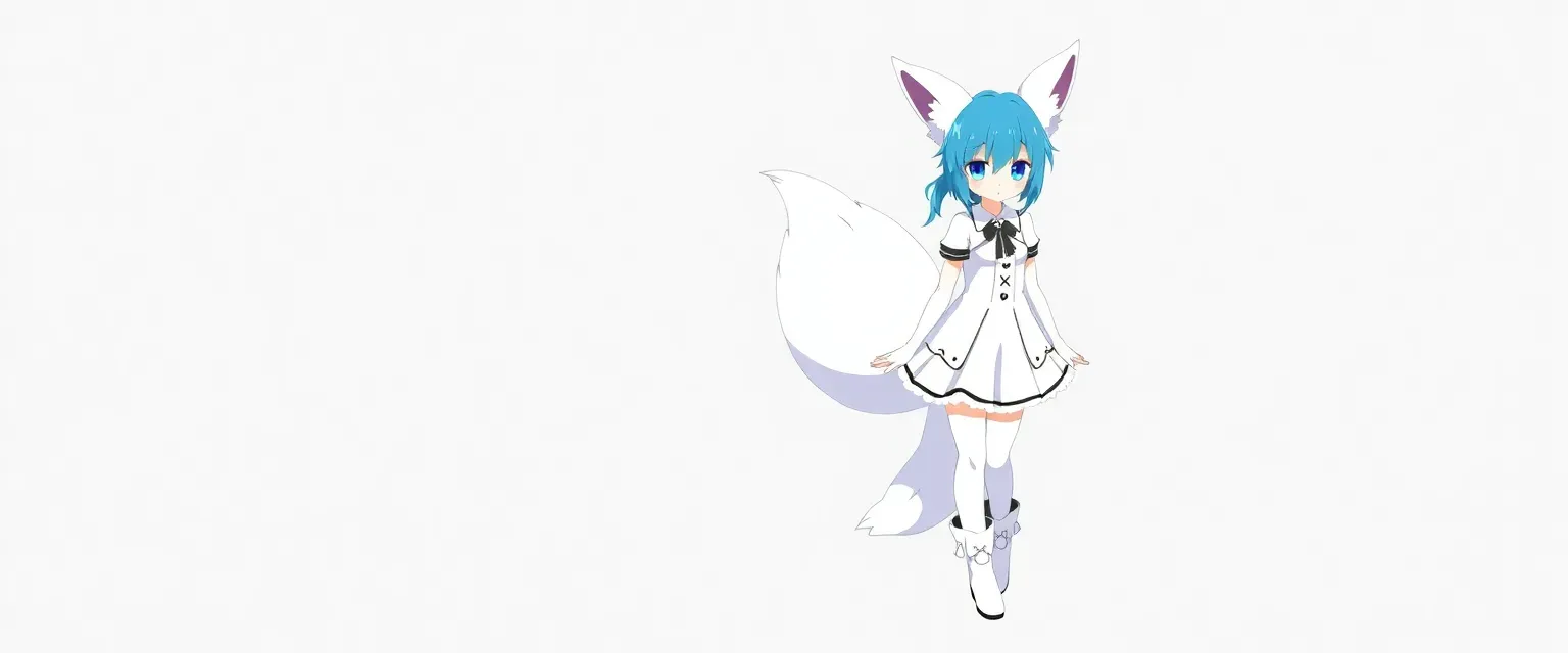 Animorphic female kitsune with blue hair, blue eyes, two tails, wearing a white dress, black shorts, and white boots.