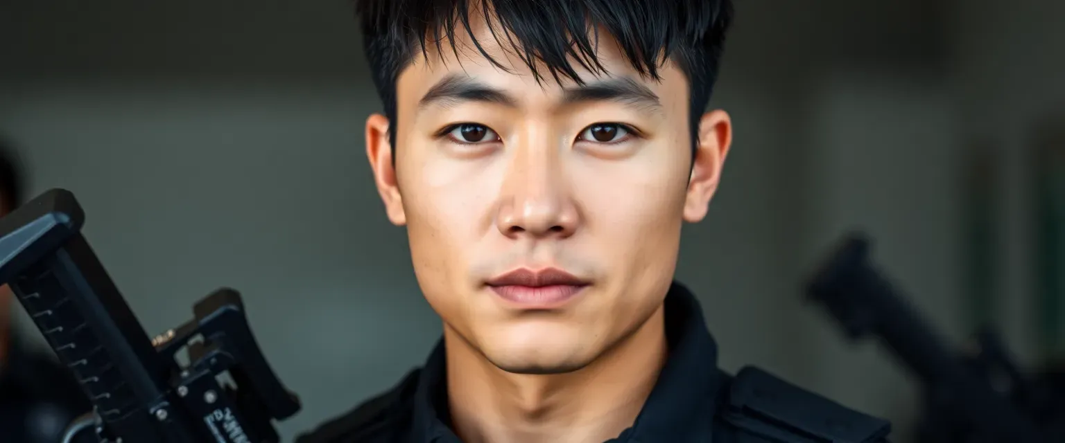 Asian-American SWAT officer in his early 30s, athletic build, short black hair, striking dark eyes, pouty lips, wearing tactical gear. Professional and composed demeanor.