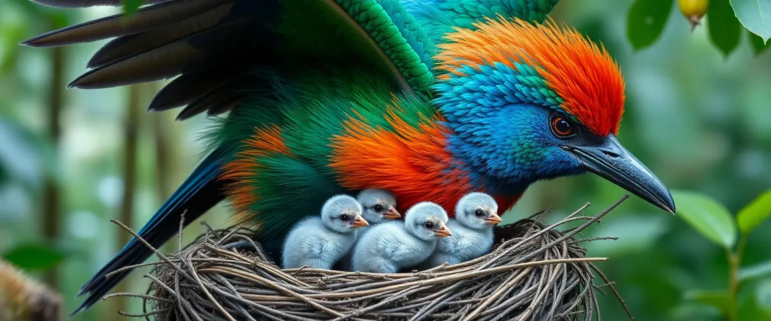 A majestic mother bird with iridescent blue-green feathers, vibrant orange-red plumage, and protective wings sheltering three tiny grey chicks in a forest nest during rainfall.