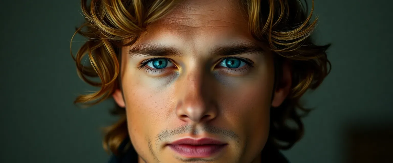 Early 30s man with starlit, wavy hair, piercing cerulean eyes, copper skin, strong jaw, oval face.