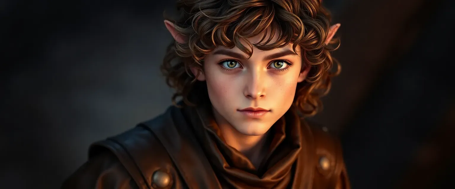 A 30-year-old halfling rogue with curly brown hair, bright eyes, wearing a leather tunic and breeches, looking slightly disheveled.