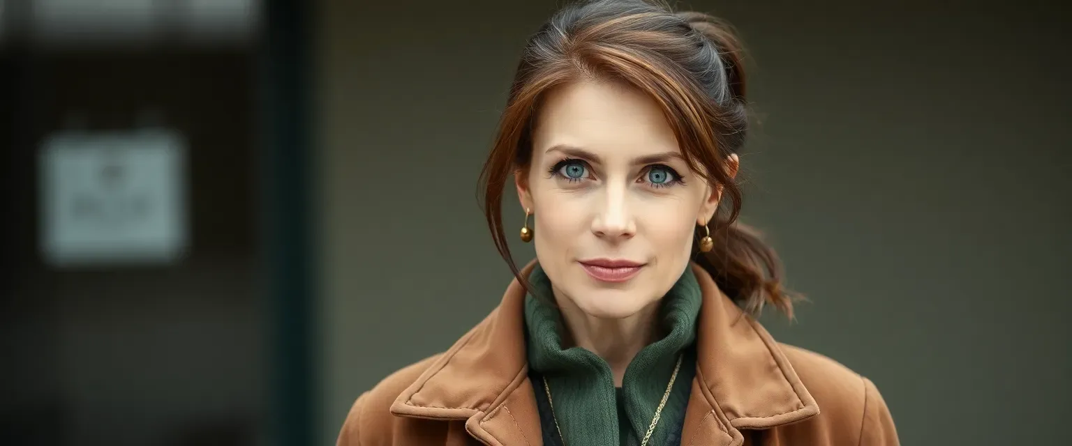 Late 30s woman with dark auburn hair in ponytail, gray eyes, wearing practical muted green and brown clothes.