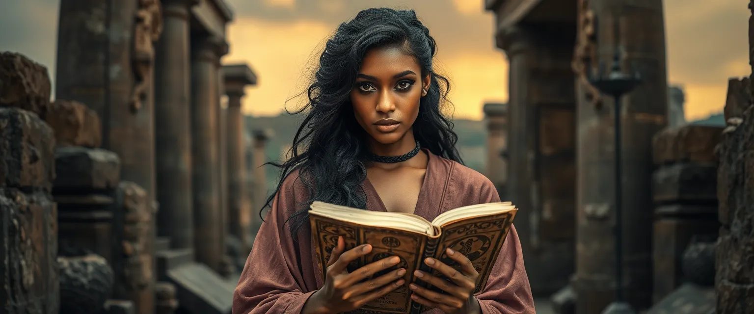 A woman with deep copper skin, her black hair twisting like serpents, stands amidst ancient ruins. She has onyx eyes that seem to hold ancient secrets. She wears a flowing robe, adorned with intricate, ancient symbols, exuding an aura of mystery and wisdom. In her hand, she clutches an old, weathered book, its pages filled with the secrets of the Anhducian language.