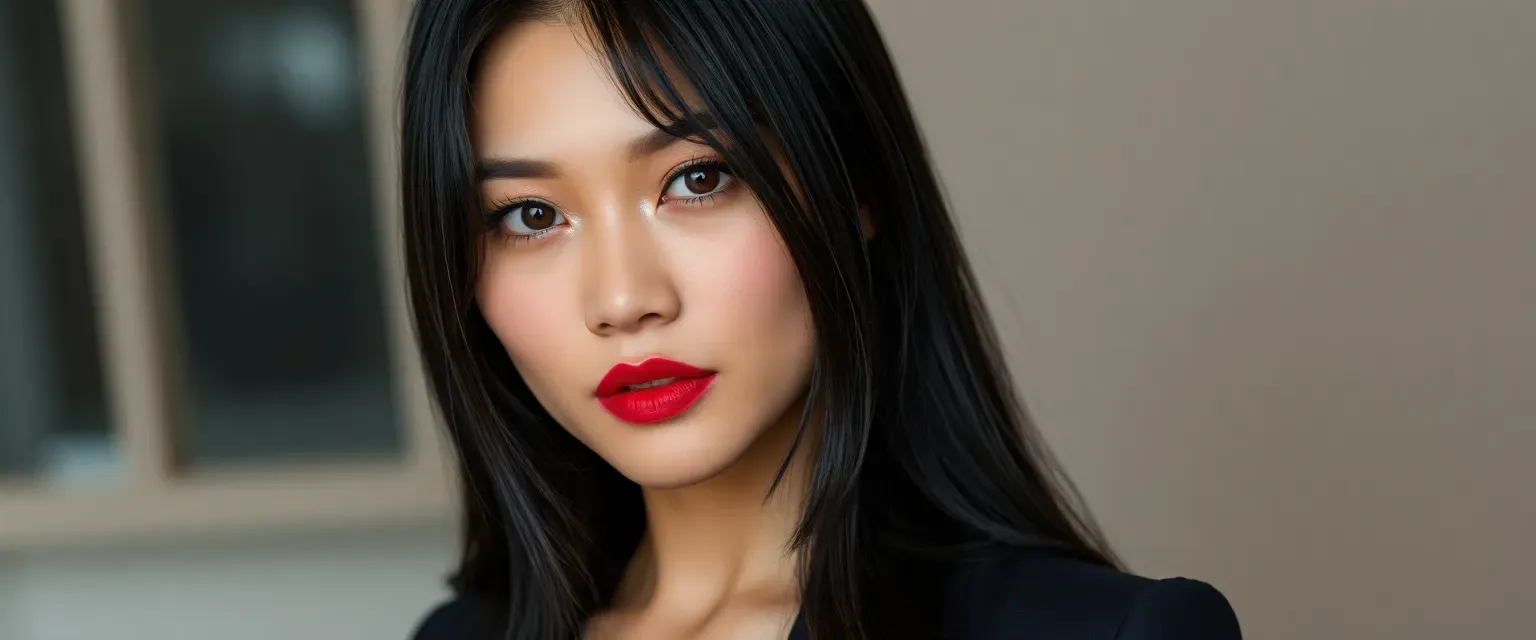 A tall, striking Asian trans woman in her late 20s with long black hair, red lips, and elegant dark clothing. Commanding presence, perfect posture, and piercing gaze.