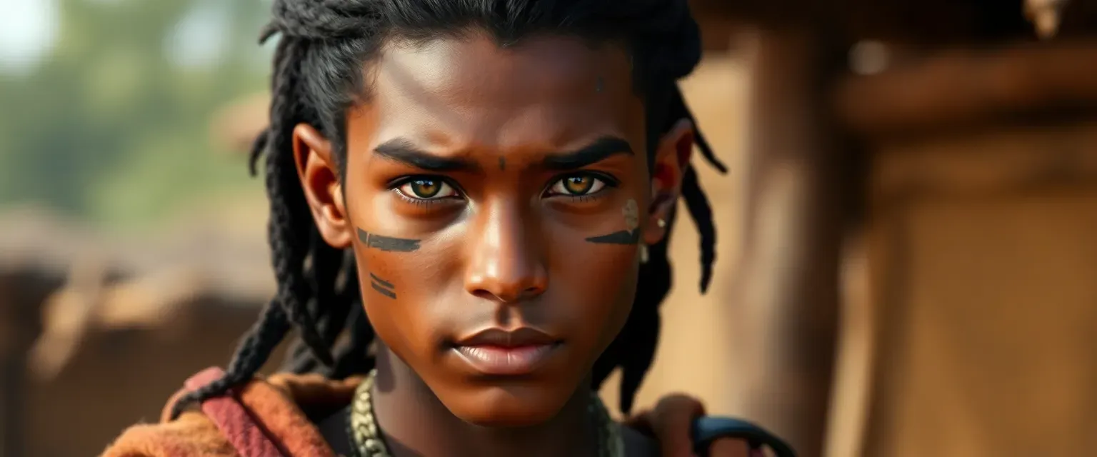 Young Auri man with sun-kissed skin, deep brown eyes, black hair in a warrior's knot, wearing traditional leathers and sturdy fabrics, marked by a facial scar.