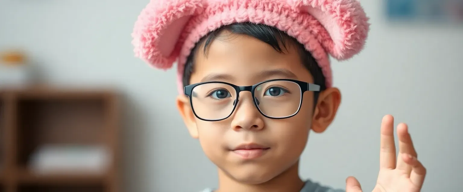 Eleven-year-old Chinese-Sudanese boy with glasses wearing an Aquapets pink fluffy Puku ears headband; communicates through sign language due to lack of vocal cords.