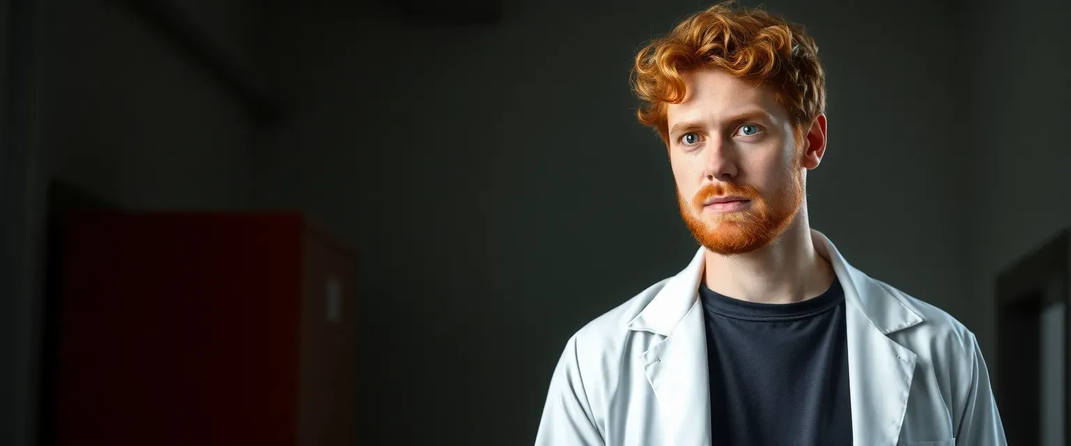 Mid-30s man with curly ginger hair, scarred face, greyish-brown eyes, always in a lab coat and sarcastic t-shirt.