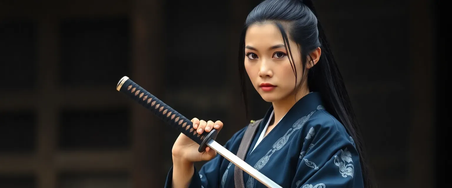 Early 30s samurai woman, long black hair in topknot, dark blue kimono with silver patterns, carrying a katana.