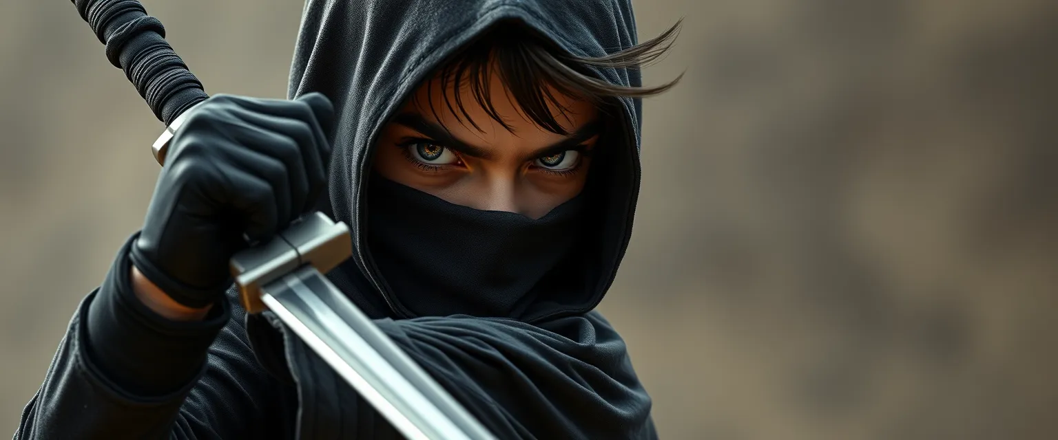 A tall, serious 15-year-old in a ninja outfit, training with swords and possessing sharp brown eyes.