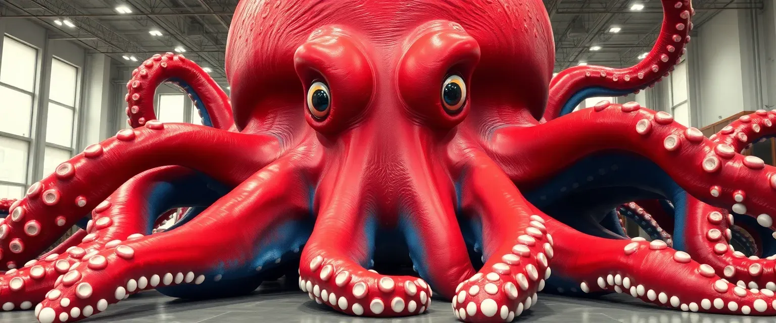 A massive 23.7-meter tall octopus-like creature with red and blue coloring, featuring multiple tentacles and a friendly, expressive face. Created in a Swedish laboratory.