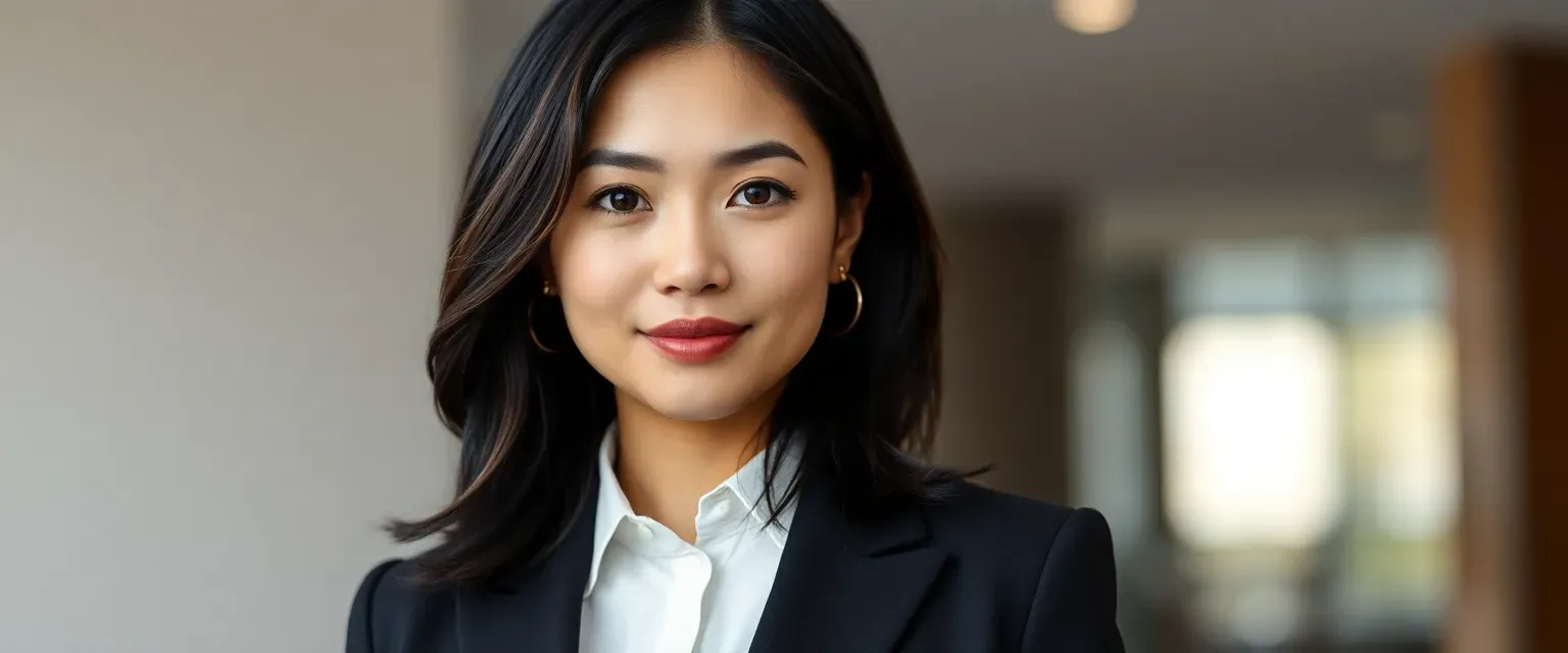 Asian-American woman in her late 20s, petite frame, black ombre hair, honey-colored eyes, designer business attire, radiating confidence and sophistication.