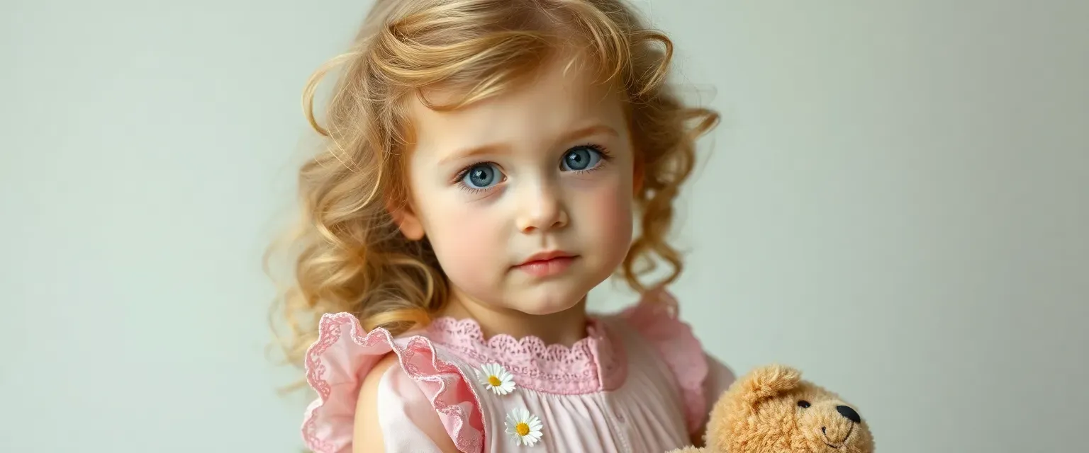 5-year-old girl with golden curls, rosy cheeks, wearing a pastel dress with lace trim and embroidered daisies. Carries a worn teddy bear. Innocent and dreamy expression.