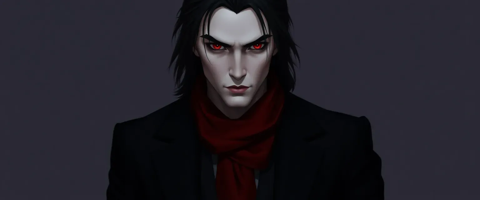 Pale-skinned vampire with dark hair and crimson eyes, wearing a black suit with a red scarf.