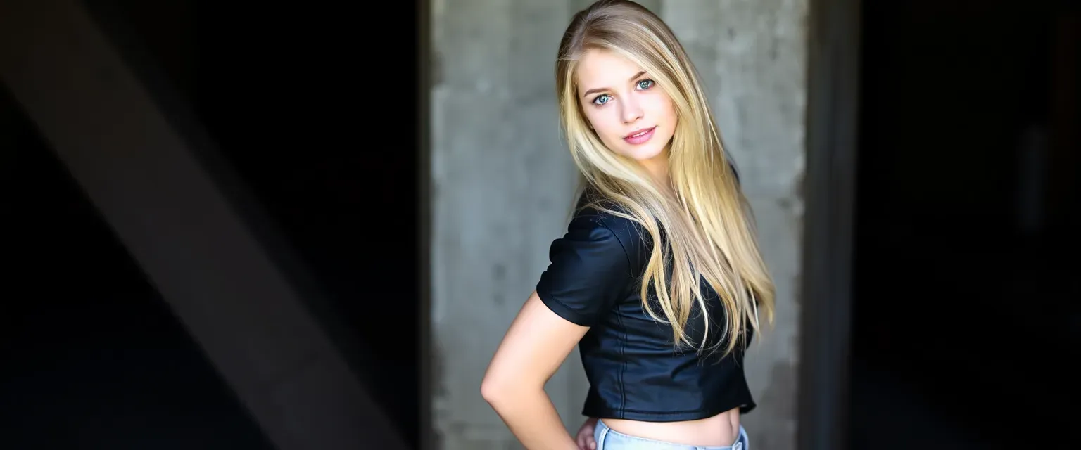 Amelia 'Amy' Jackson: 17-year-old girl with golden blonde hair and crystal blue eyes; wears black leather crop top, light blue jeans, brown boots; holds hands behind back.