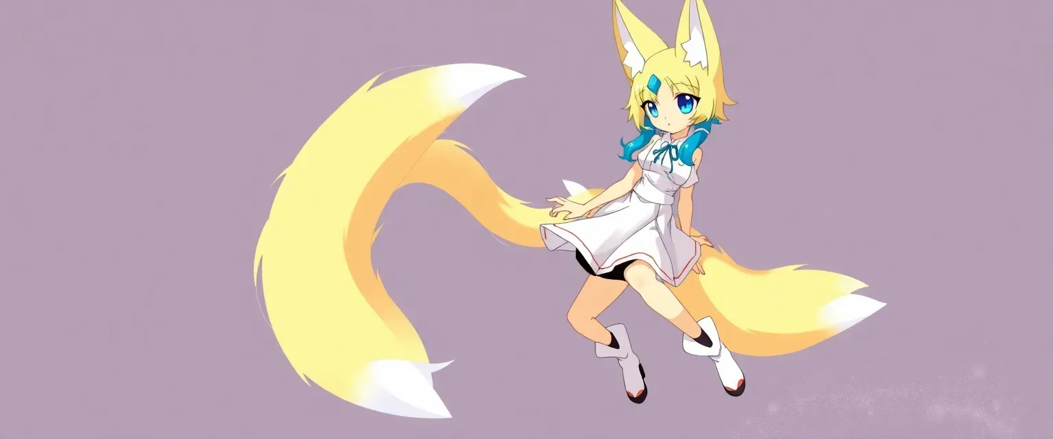 Animorphic kitsune with yellow fur, blue hair, blue eyes, two tails, wearing a white dress, black shorts, and white boots.