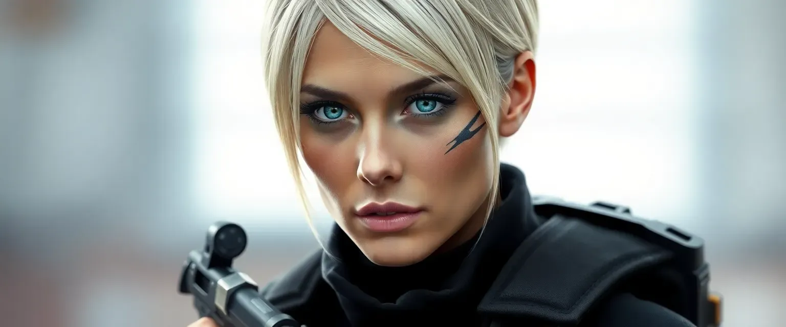 A tall, lean woman with ice-blue eyes and short platinum blonde hair. Wears form-fitting black tactical gear, with a distinctive scar running from her left ear to her jaw.