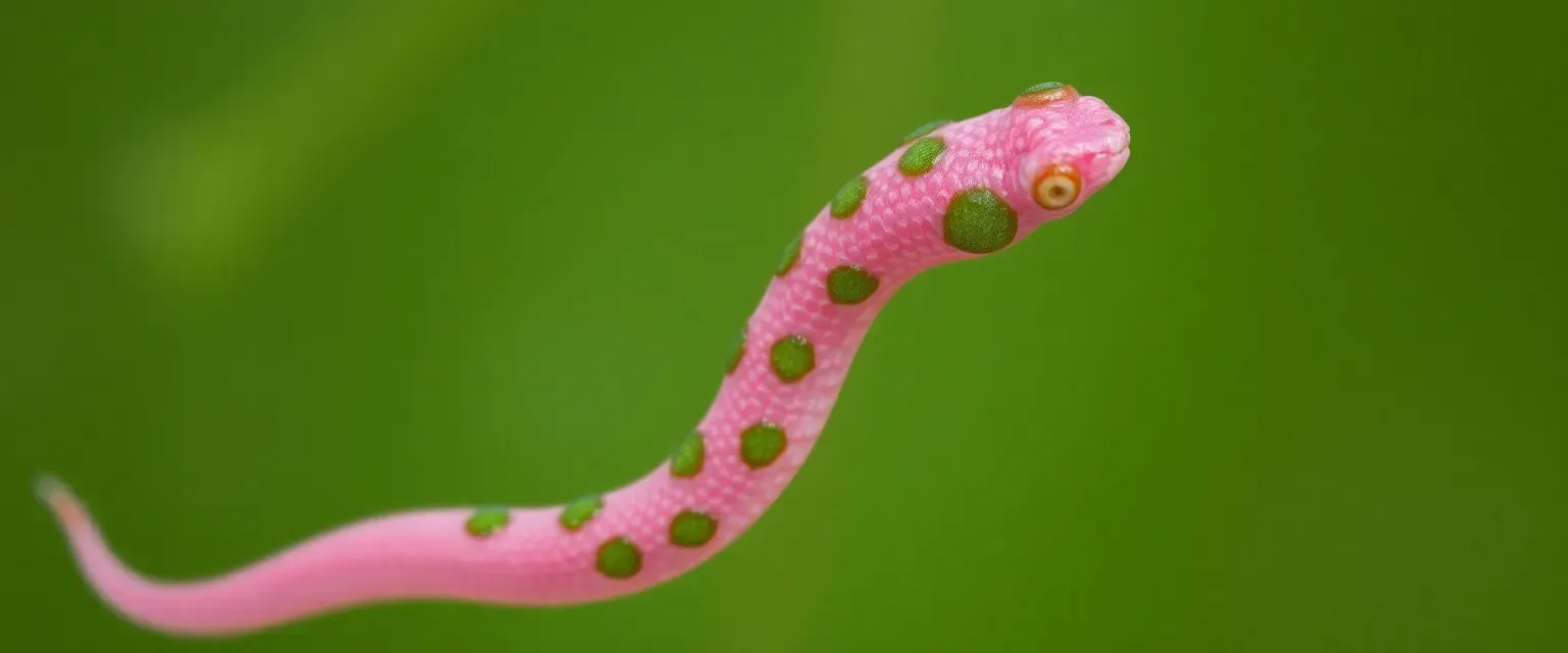 A microscopic, snake-like being with pink skin and green spots, measuring 0.4 micrometers in length. Serpentine body moves with graceful undulations.