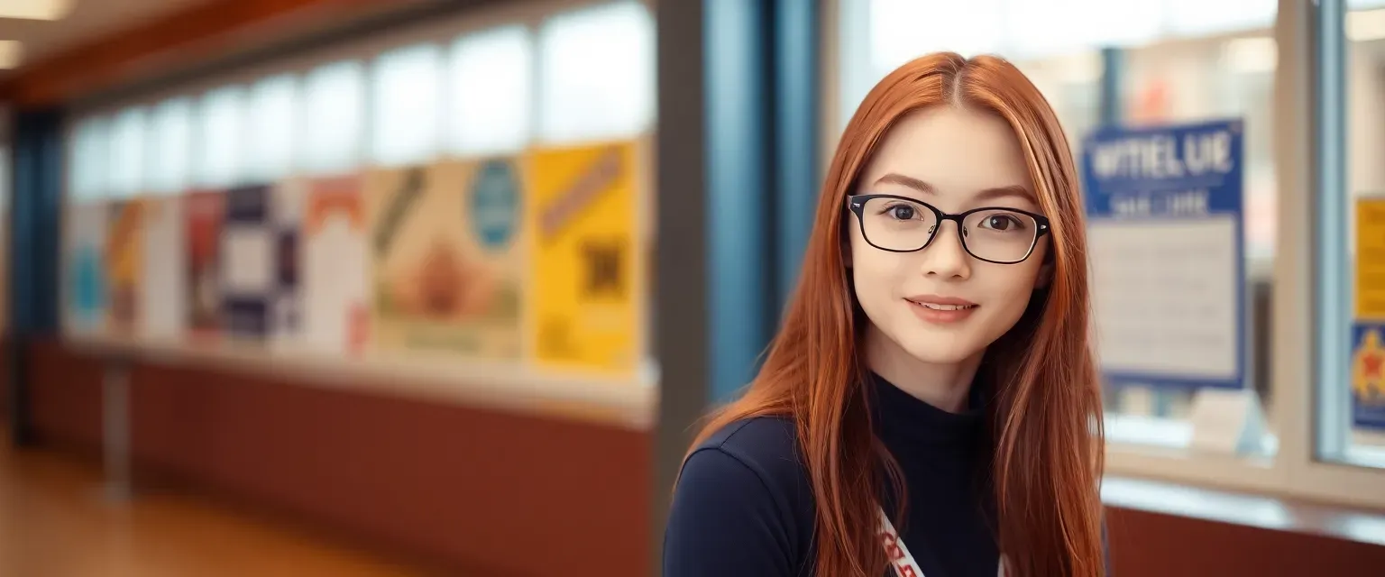 17-year-old Sumire with long red hair, glasses, petite, toned physique, rhythmic gymnast.