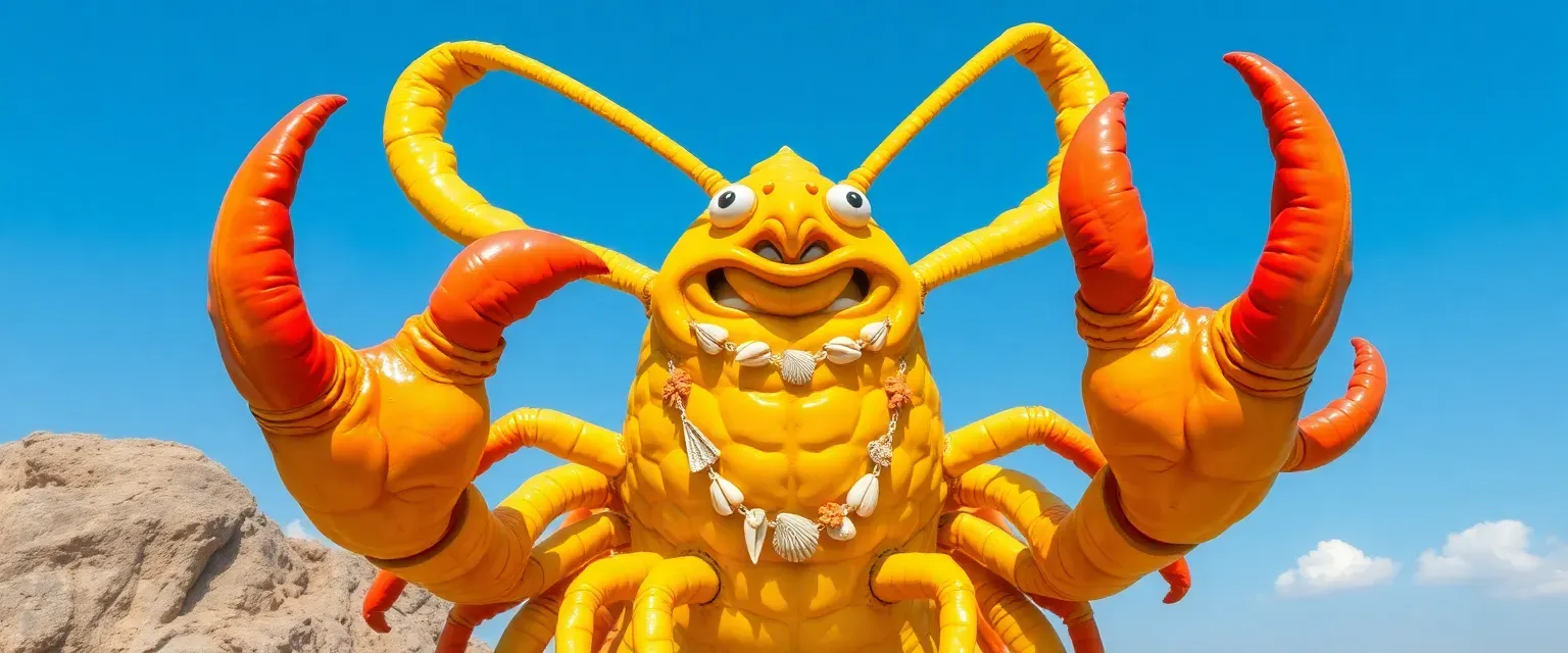 A towering 2-meter-tall yellow lobster creature with massive claws, wearing decorative shells and coral pieces, radiating warmth and friendliness despite intimidating size