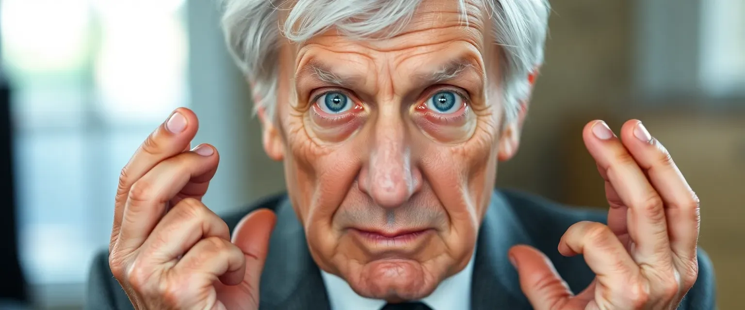 Elderly man with silver hair, pale blue eyes, wearing a slightly outdated suit, hands showing age spots.