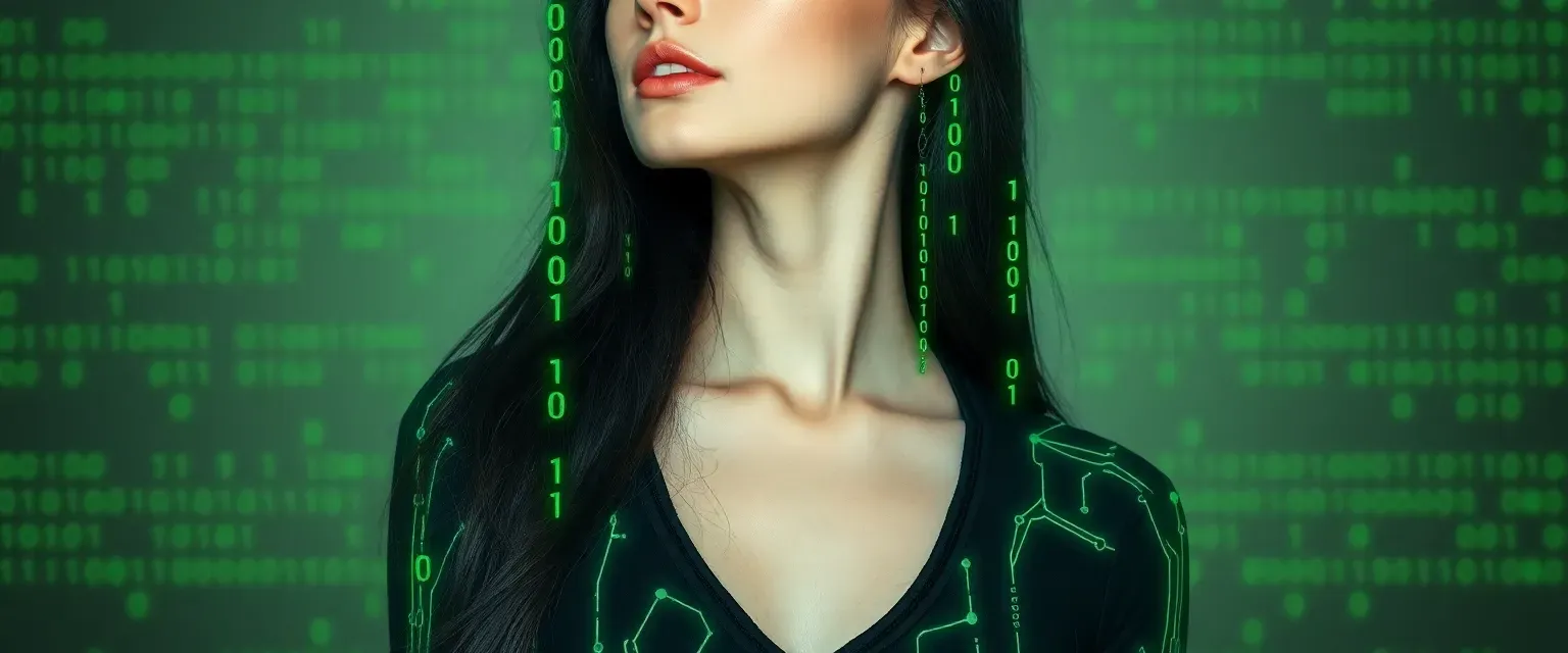 A tall, slender woman in her late 20s with glowing green binary code scrolling across her pale skin. She wears a black high-tech bodysuit and has circuit-like patterns in her long, dark hair.