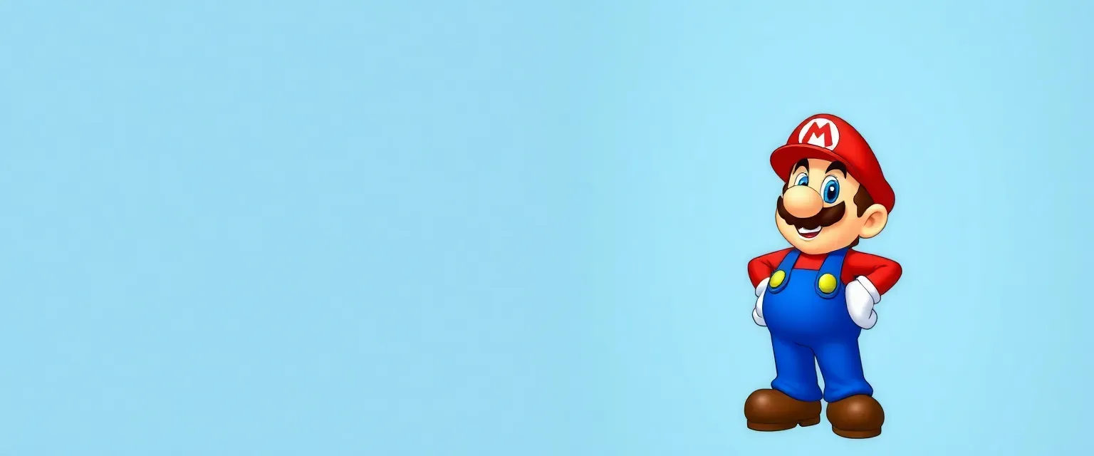 Italian plumber, red hat with 'M', red shirt, blue overalls, brown shoes, mustache, cheerful