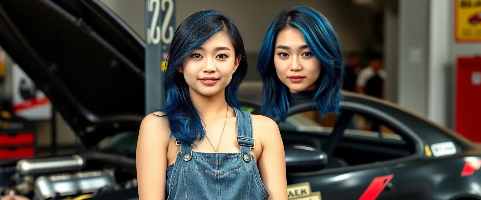 A young Asian-American woman in her mid-20s, wearing mechanic's overalls, with oil-stained hands and vibrant blue-streaked black hair, standing confidently next to a modified street racing car.