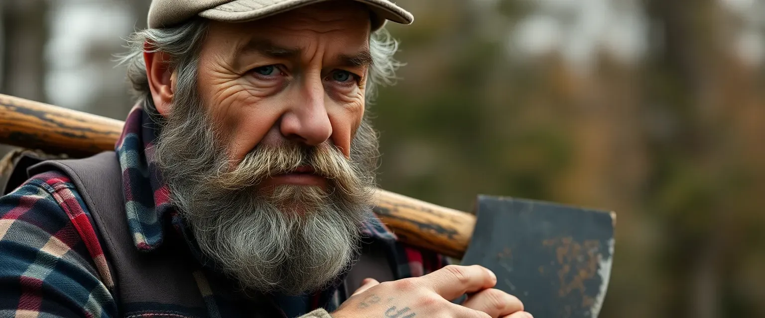 A rugged middle-aged lumberjack with weathered features, thick beard, and calloused hands, wearing plaid flannel and worn work boots, carrying an antique axe.