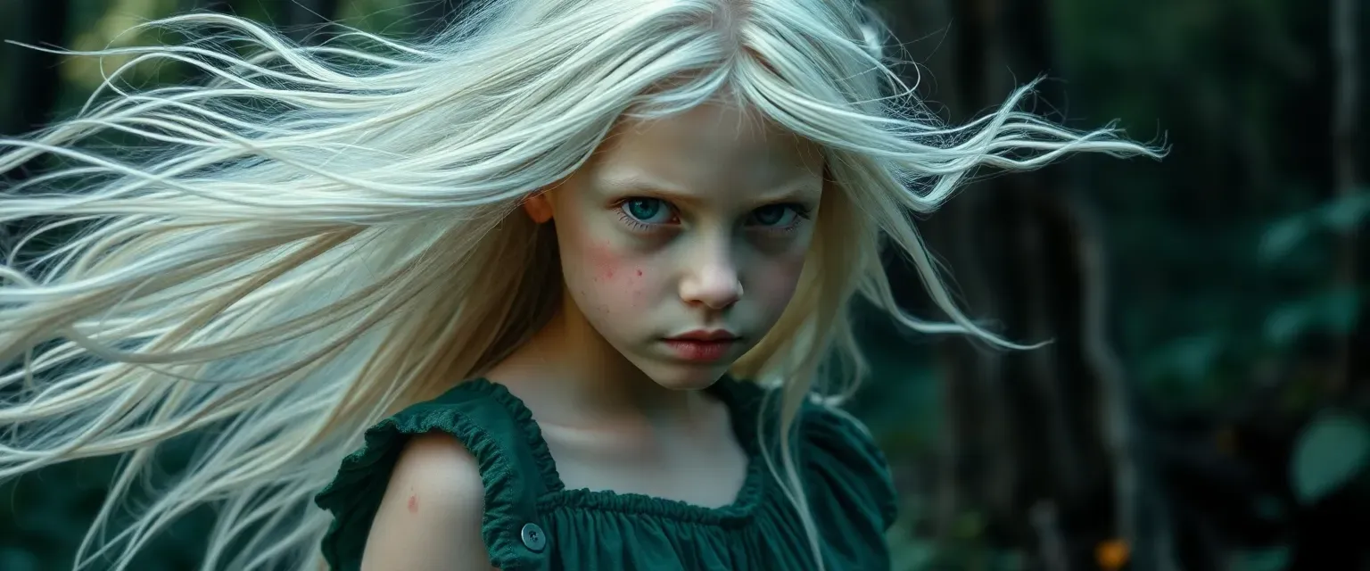 A delicate 12-year-old girl with flowing white hair, wearing tattered forest-green dress, scratches and bruises visible on her pale skin, lost in ancient forest.