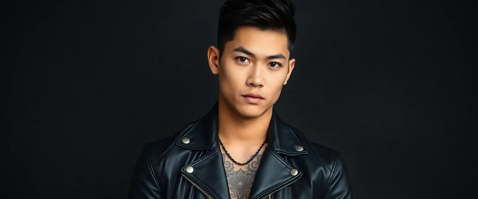 Tall, athletic Asian-American man in his early 20s with short black hair, striking eyes, and intricate tattoos, wearing leather motorcycle jacket and ripped jeans.