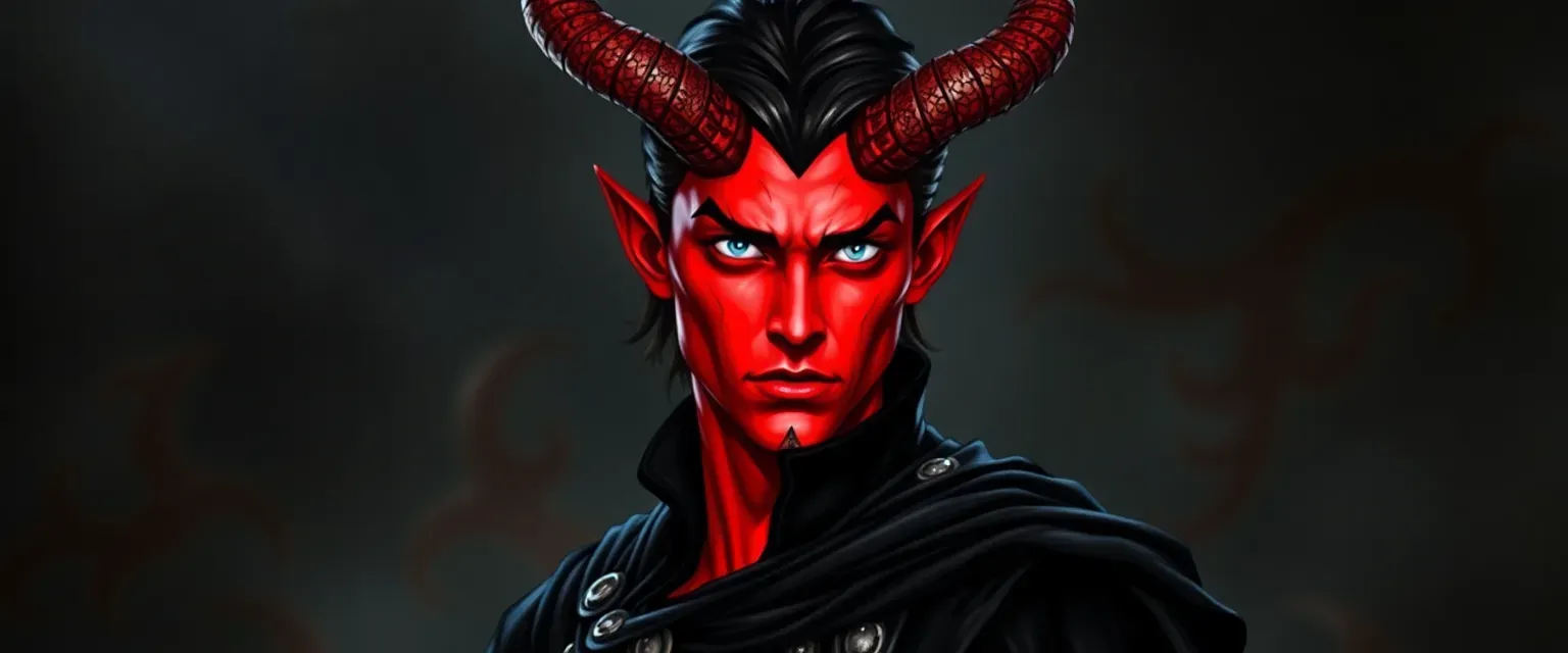 18-year-old demon prince with crimson skin, silver eyes, and curved horns, wearing a black velvet tunic and leather boots.