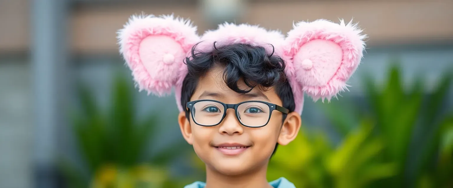 Eleven-year-old JingJing is a Chinese-Sudanese boy with glasses and curly hair wearing an Aquapets pink fluffy Puku ears headband.