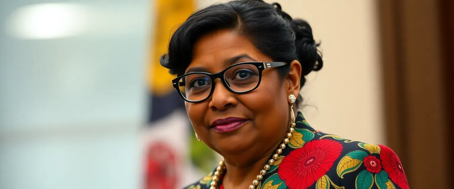 Prime Minister Elora Matison: Early 40s, dark brown skin, wavy black hair tied back, sharp brown eyes behind oval glasses; wears vibrant professional attire reflecting cultural heritage.