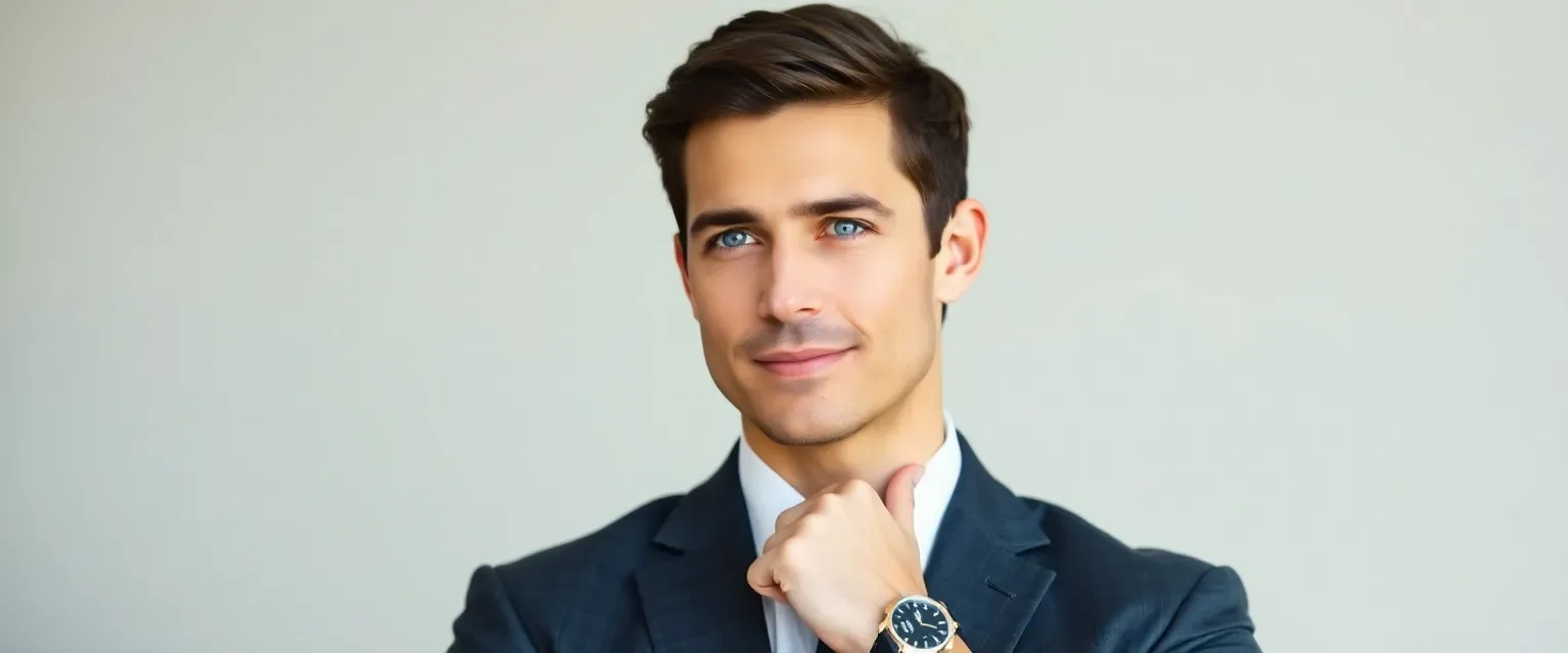 Handsome CEO in his late 30s, 6'2" tall with sharp features, dark-brown hair, and striking blue eyes. Wearing a perfectly tailored charcoal gray Tom Ford suit and Patek Philippe watch.