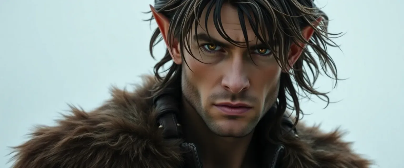 Tall, muscular man in his late thirties with amber eyes, dark brown tangled hair, and pointed ears, wearing leather and fur.