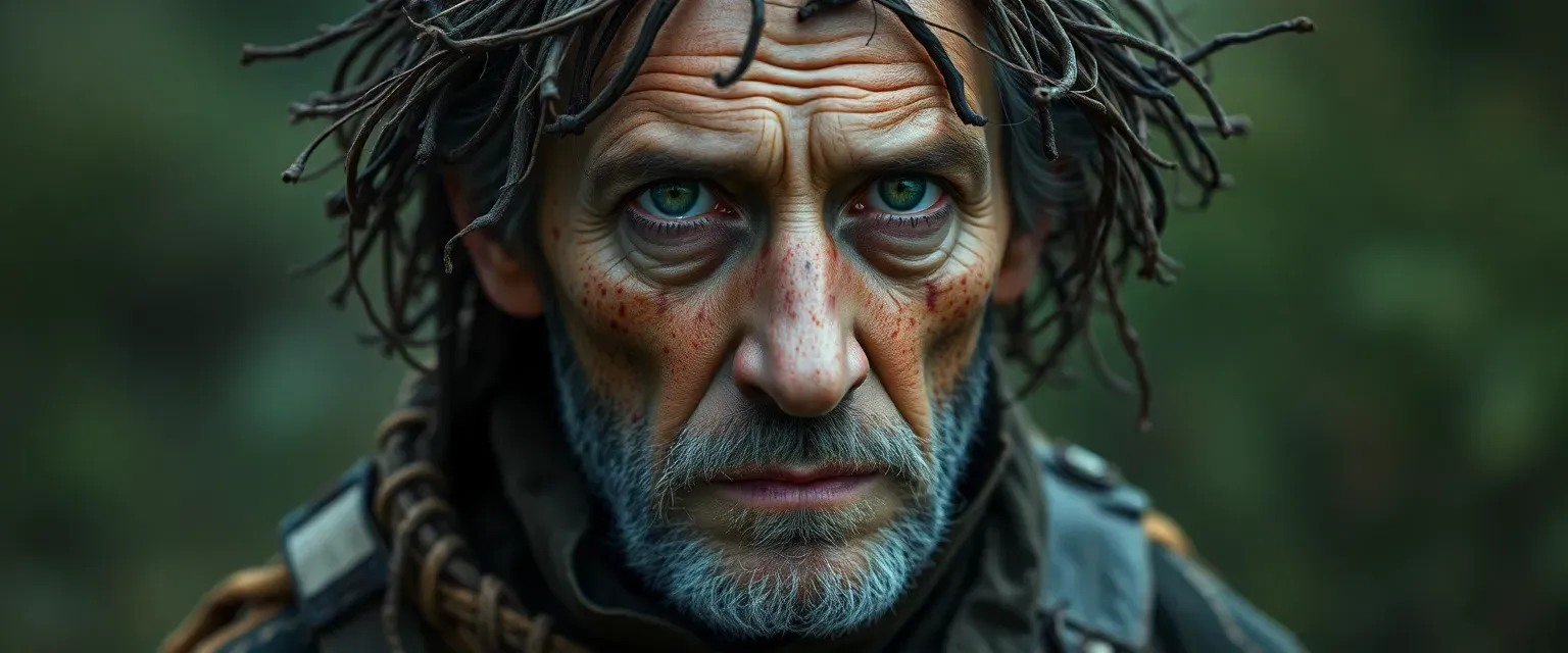 Middle-aged man with spore-speckled skin, earthy green eyes, tangled hair with twigs, wearing a patchwork cloak and muddy boots.