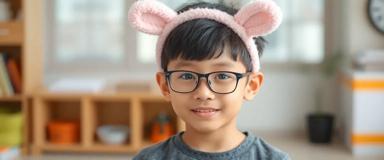 Eleven-year-old JingJing wears glasses and a pink fluffy Puku ears headband from Aquapets. Born without vocal cords, this Chinese-Sudanese boy communicates using sign language and a special device translating thoughts into speech.