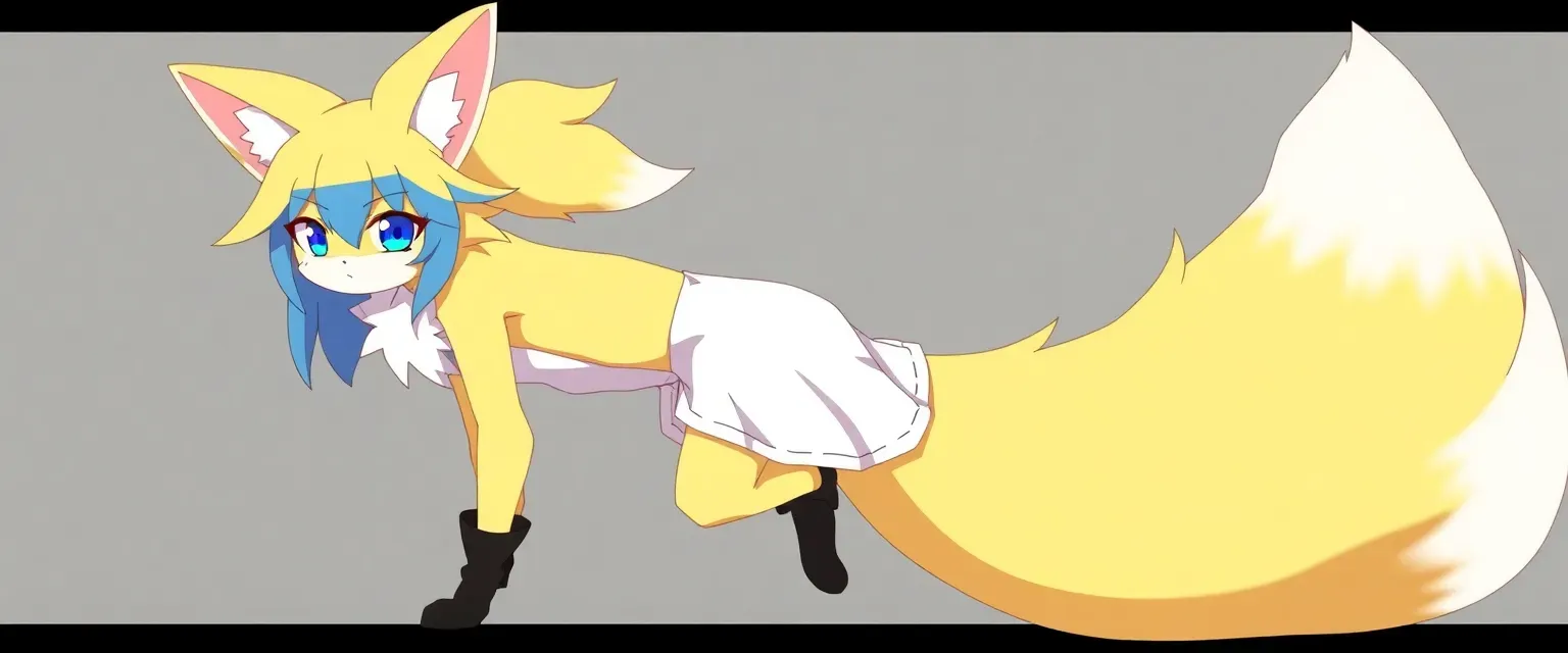 Female kitsune, yellow fur, blue hair and eyes, two tails, white dress, black shorts, white boots.