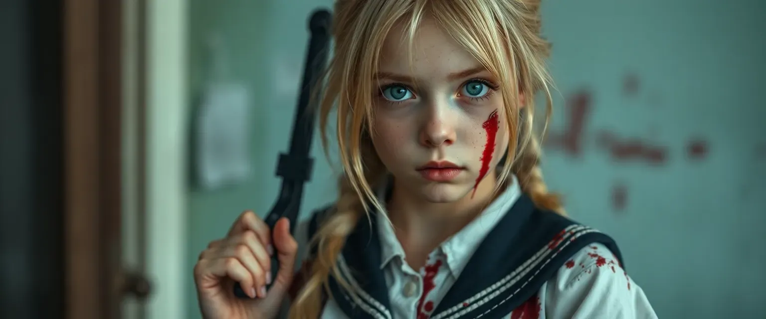 A petite 17-year-old blonde girl with haunting blue eyes, wearing torn school uniform stained with blood, carrying a makeshift weapon. Her face shows both innocence and trauma.