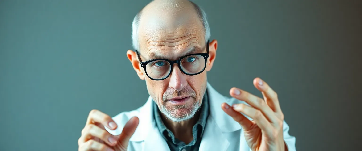 A slender, pale scientist in his late 40s with wire-rimmed glasses, wearing a pristine white lab coat. His fingers constantly tap out rhythmic patterns, and his eyes dart nervously behind thick lenses.