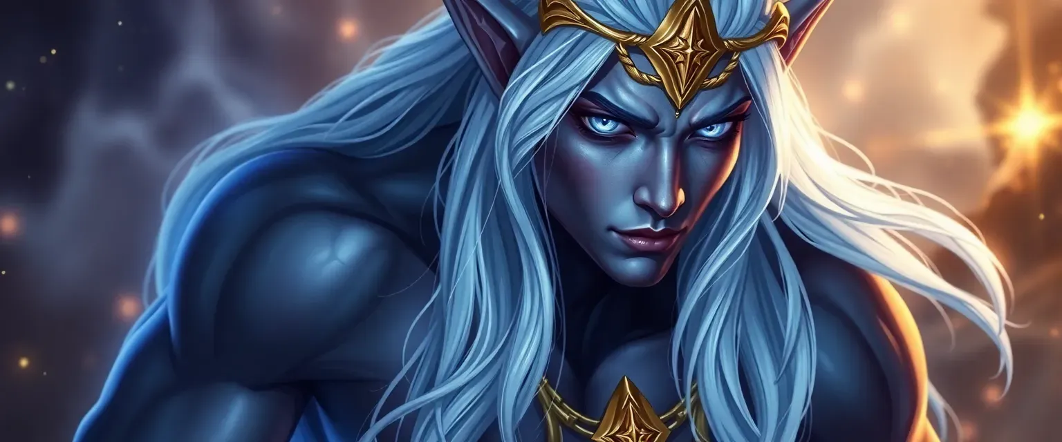 Muscular Elf with twilight skin, glowing runes, starlit eyes, and long silver hair adorned with gold.