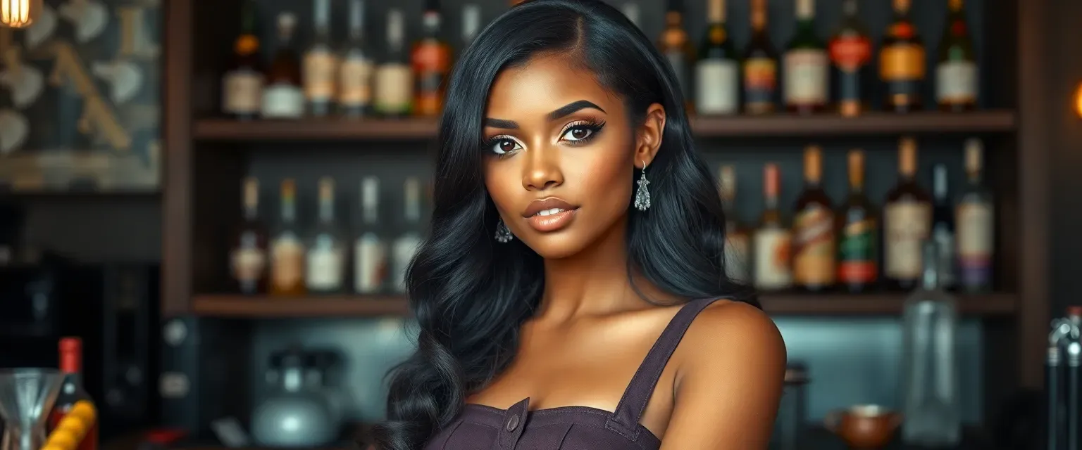 Beautiful young bartender with dark-brown skin, hourglass figure, long wavy black hair, pouty lips, and big doe eyes, wearing a vintage-inspired outfit with modern flair.