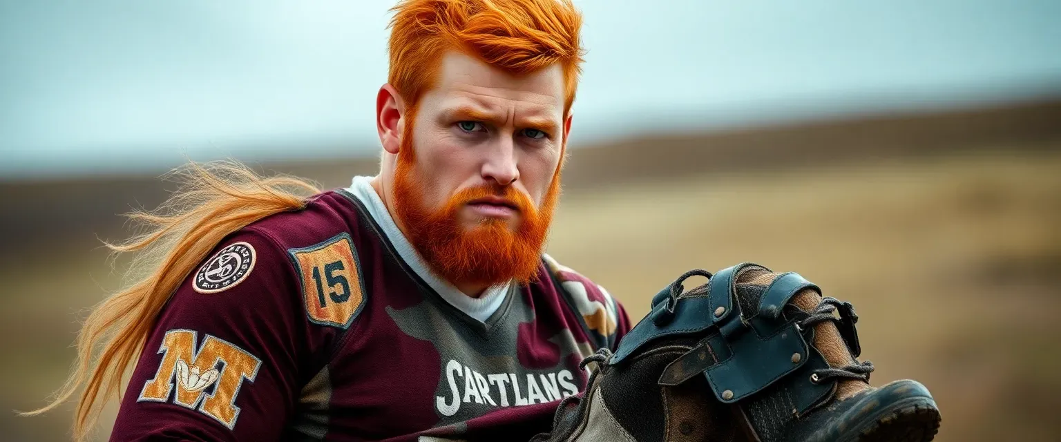 Tall, robust Scottish man with fiery red hair and deep blue eyes, wearing a patched football jersey and heavy boots.