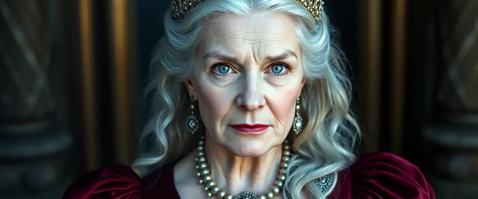 60-year-old queen with silver hair and pale skin, wearing regal gowns in deep colors, gray eyes.